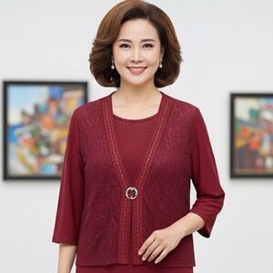 Argentinian red 2-in-1 long-sleeved sequin & lace blouse, elegant, beautiful, L